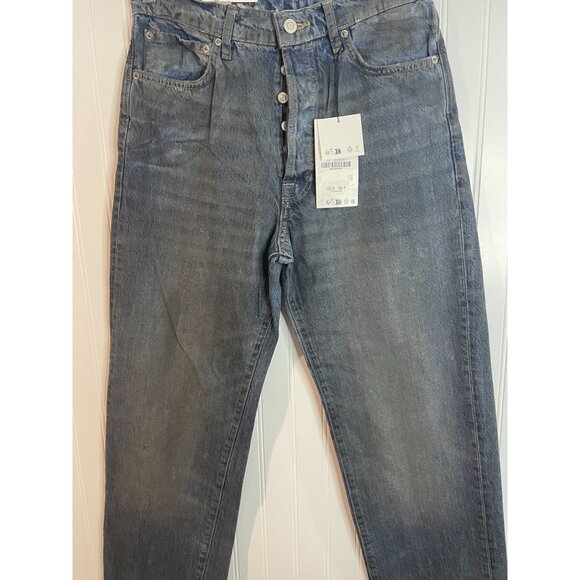 Zara Womens Loose Fit Straight Leg Low Rise Denim Jeans Size 34 Blue Distressed - Picture 16 of 16